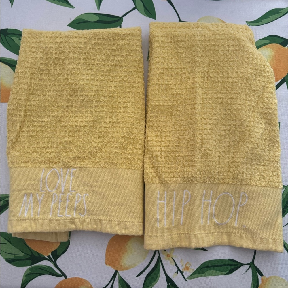 Rae Dunn Yellow Kitchen Towels - Love My Peeps & Hip Hop